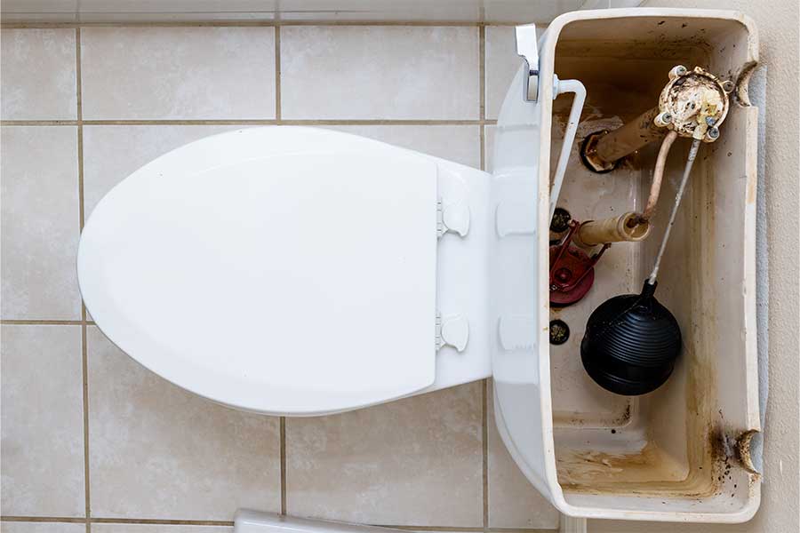 Toilet tank with rusted and worn-out parts