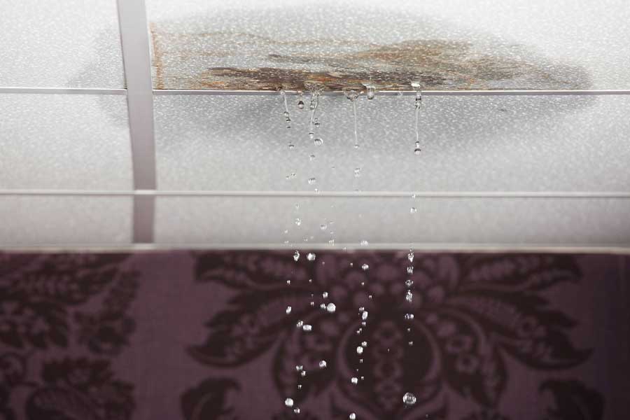 Dripping water from a ceiling leak, showing signs of water damage